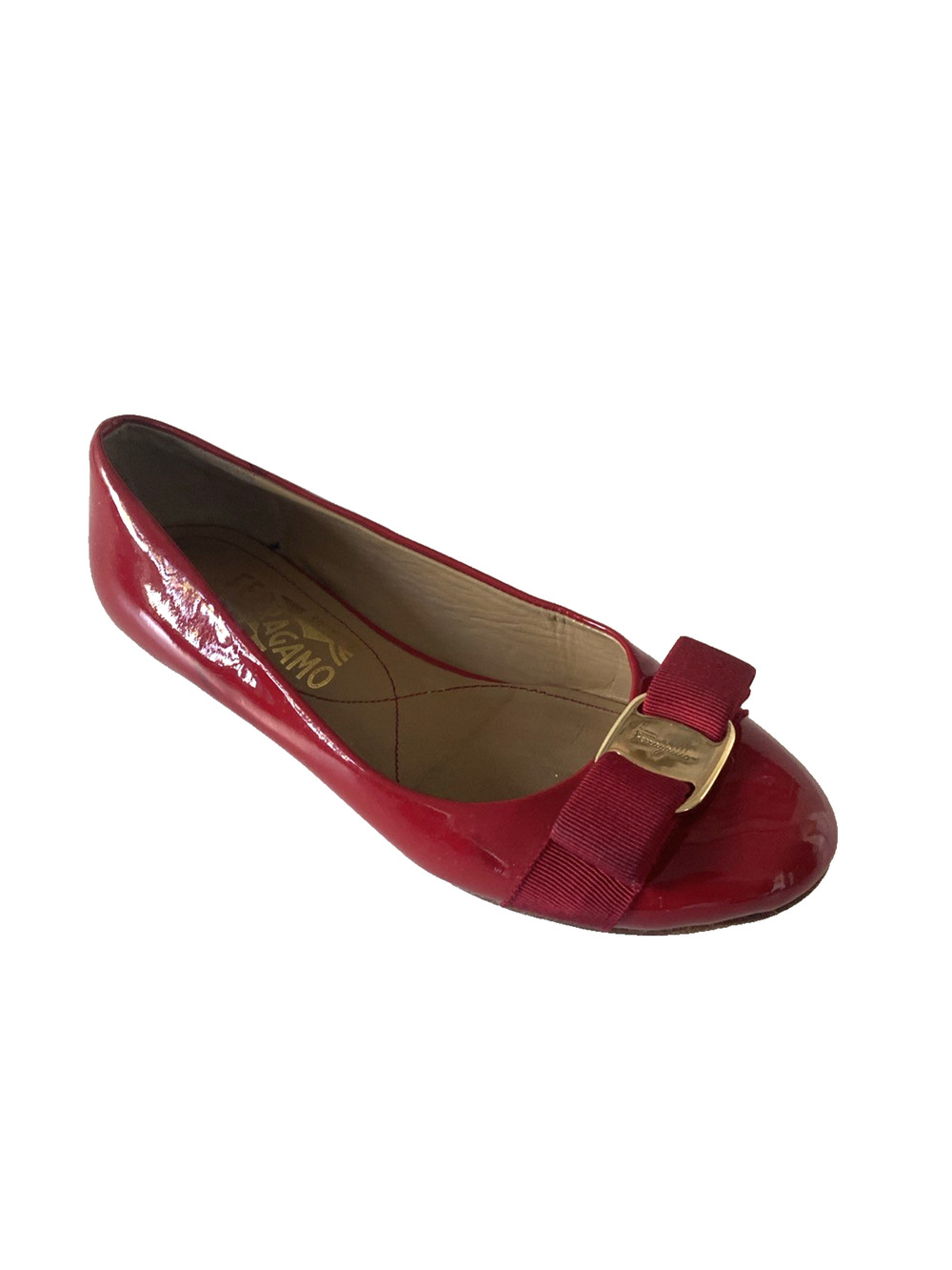 Salvatore Ferragamo Vara Ballet Flat Red Patent Leather Gold Logo Bow 6 C